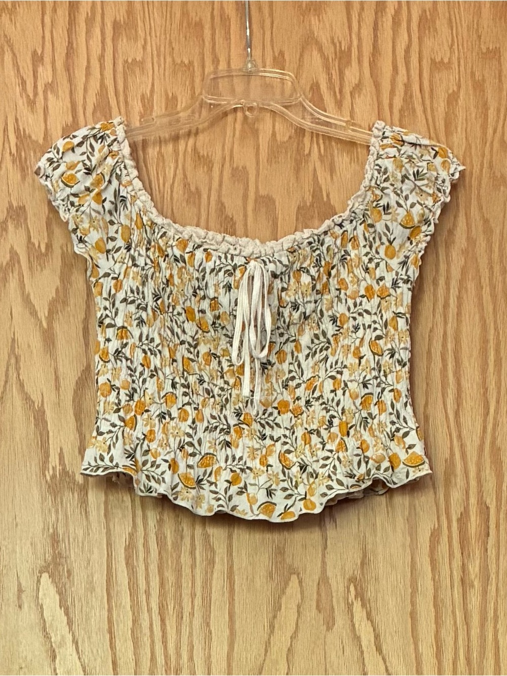 Smocked Cap Sleeve Cream And Yellow Fruit Crop Top
